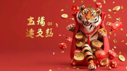 A 3D rendering of a tiger jumping out of a lucky bag full of money in the Year of the Tiger 2022 banner. It contains a Chinese greeting on the left and a blessing on the right.