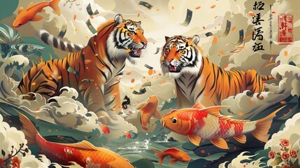 The Chinese Chinese New Year greeting card depicts tigers sitting on giant koi as a lot of money flies above them. Wishing you a very auspicious Tiger year in Chinese is written on the right.