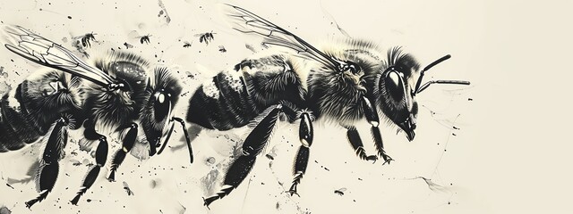 Capture the intricate movements of a bees waggle dance from an eye-level angle in a detailed pen and ink illustration, highlighting the graceful and precise steps of this fascinating dance routine - obrazy, fototapety, plakaty