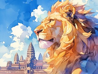 Naklejka premium A majestic lion cartoon character walking in front of the ancient temple of Angkor Wat in Siem Reap, Cambodia, watercolor 