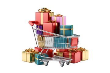 A Cart Full of Joy: Festive Presents Overflowing. On White or PNG Transparent Background.