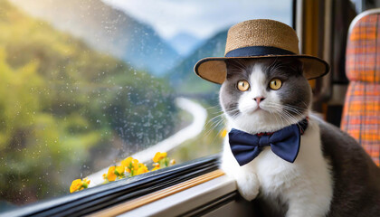 電車の車窓から景色を眺める猫　旅行猫