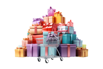 Extravagant Shopping Spree: Overflowing Shopping Cart With Diverse Gifts. On White or PNG Transparent Background.