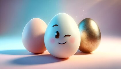Playful winking Easter egg with a hand-drawn face, expressing a joyful mood, AI-generated. - obrazy, fototapety, plakaty