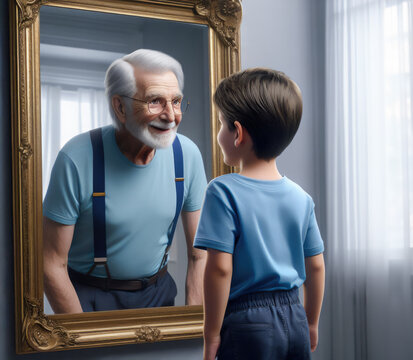 child as sees himself in the mirror as a older man , passing of time concept illustration