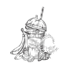 Vector pencil sketch of fruit smoothie on isolated background.