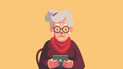 An elderly woman sending text messages through messaging apps. Flat illustration of an elderly woman sending text messages.