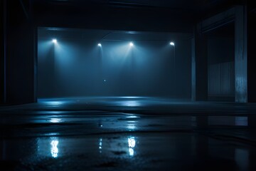 Dark street, wet asphalt, reflections of rays in the water. Abstract dark blue background, smoke, smog. Empty dark scene, neon light, spotlights. Generative AI - obrazy, fototapety, plakaty