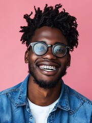 Obraz premium Ad concept for dental care featuring a humorous young man with curly hair and braces, wearing glasses and showing off a bright smile against a rose pink backdrop.