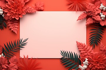 Fototapeta na wymiar Coral frame background, tropical leaves and plants around the coral rectangle in the middle of the photo with space for text