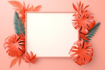 Coral frame background, tropical leaves and plants around the coral rectangle in the middle of the photo with space for text