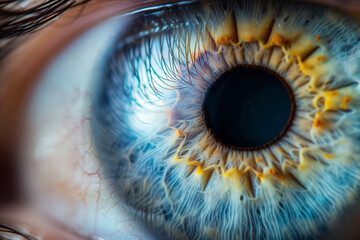 Macro shot of a blue human eye with detailed texture.