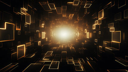 Futuristic tunnel with glowing gold cubes suspended in space, leading towards a bright light,...