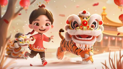 Fototapeta premium A tiger tosses a lion dance head puppet after he runs forward in 2022 Chinese New Year greeting card. A Chinese message on the right welcomes you in the year of the tiger.