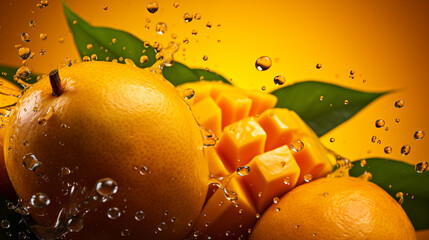 Morceaux de fruits, mangues sur un fond jaune orangé avec éclaboussure d'eau. Fruit, sain, délicieux, sucré. Jus de fruit, dessert. Pour conception et création graphique. - obrazy, fototapety, plakaty