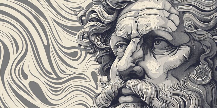 Intricately carved vintage image - print. Linear design (filigree) of classical Hellenic depiction (zoomed man face). Digital illustration for historic currency design ancient artwork.