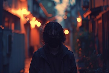 AI generated illustration of a silhouette of a person on a dark alleyway - obrazy, fototapety, plakaty