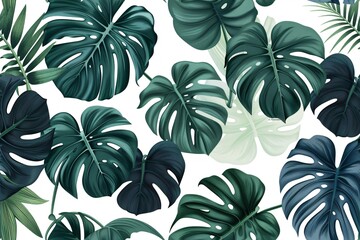 Vintage-style seamless pattern featuring a green and black split-leaf Philodendron plant with vines on a white backdrop.