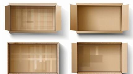 3D modern illustration of empty delivery package or parcel mock-up. Cargo packing, shipping and storage service icon design. Top view open closed cardboard box isolated on transparent background. - obrazy, fototapety, plakaty