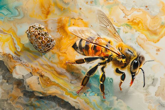 Capture a birds-eye view of a busy bee meticulously carrying a shimmering propolis ball Render in vibrant watercolors to bring out the bees iridescent wings and the golden hues of the propolis