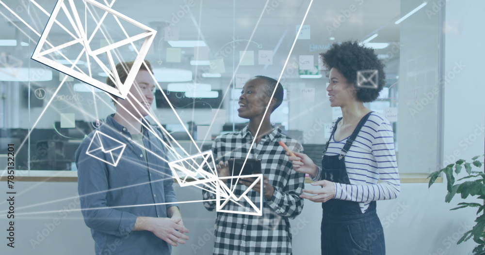 Poster image of network of message icons over group of diverse colleagues discussing together at office