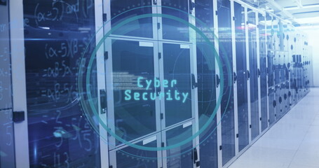 Image of cyber security text over round scanner and mathematical equations against server room