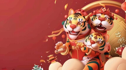 Naklejka premium Greeting card featuring a Chinese tiger knocking a gong and another one joining him in celebrating. The Chinese word for Happy Chinese New Year is written on a big couplet.