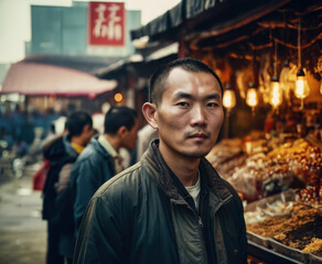 Fototapeta premium portrait of chinese man rural area in the market buying spices, dawn market is closing