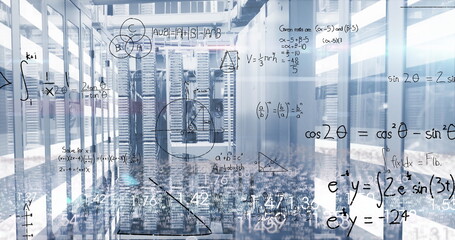 Image of mathematical equations, data processing and light trails over computer server room