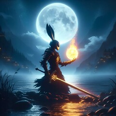 AI generated illustration of a man in armor standing in a river with a glowing fire