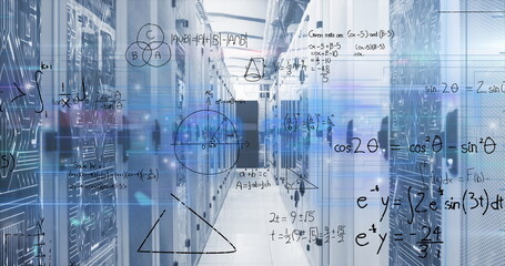 Image of white particles, blue light trails and mathematical equations over computer server room