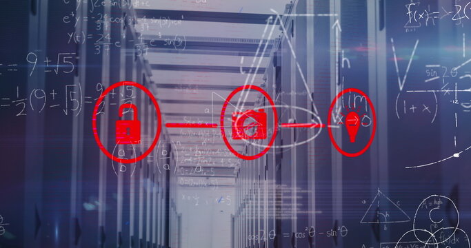 Image of network of digital icons, data processing and mathematical equations over server room