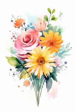 Watercolor bouquet of flowers that bloom with each petal showing a cherished memory shared between a mother and her children, 2D watercolor illustration, white background.
