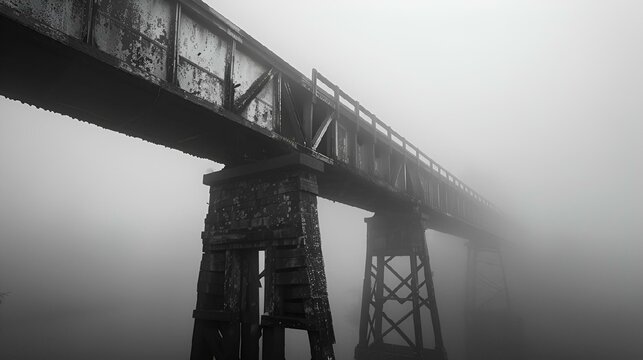 the black and white photo shows the underside of a train bridge in fog