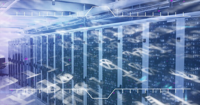 Image of interface with binary coding and mathematical equations against server room