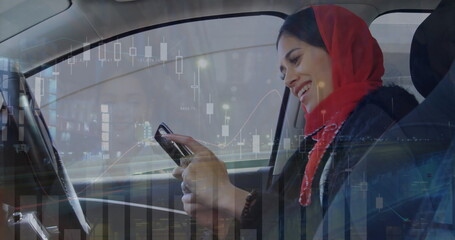 Image of data processing over biracial woman using smartphone