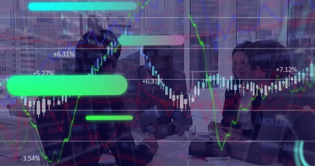 Image of financial data processing over businessman wearing vr headset