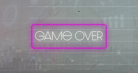 Image of game over text in rectangle, graphs with numbers and globe over city in background