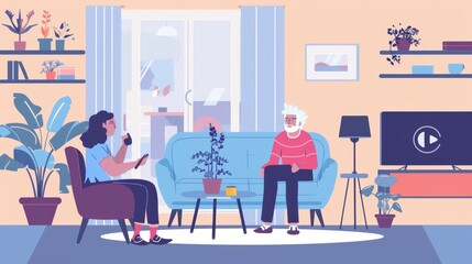 This flat illustration shows a man meeting an elderly woman over the phone using video calling.