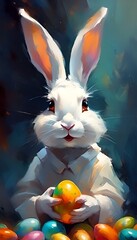 AI generated illustration of a bunny gazing at eggs in this Easter-themed photo