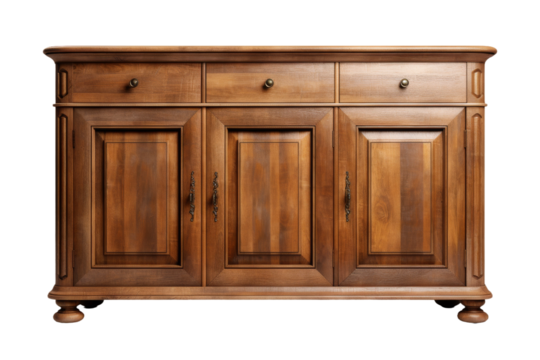 The Enchanted Wooden Cabinet: Three Doors, Two Drawers. On White or PNG Transparent Background.