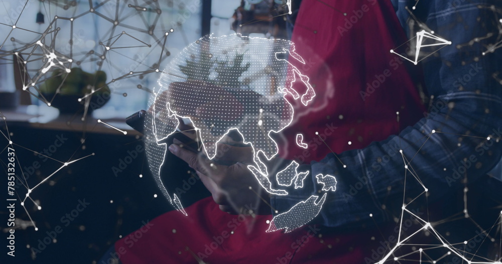 Poster image of network of connections with globe over man using tablet
