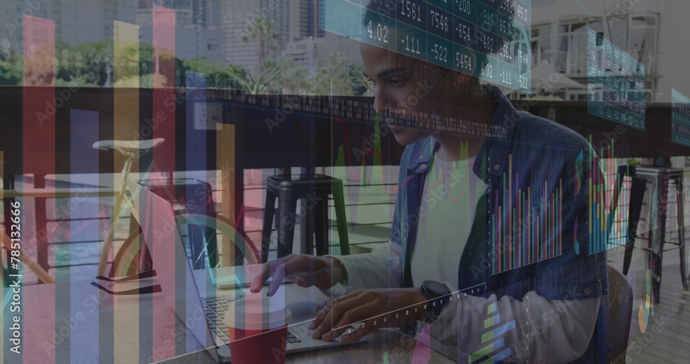 Poster image of statistics and data processing over man using laptop
