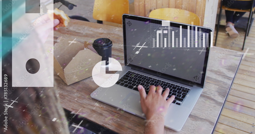Poster image of data processing with icons over man using laptop