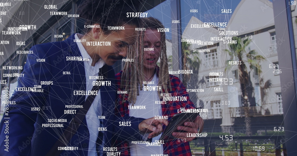 Poster image of network of connections with icons over men using tablet