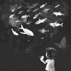 AI generated illustration of a young girl observing fish under the night sky