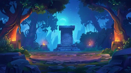 Battle arena with runes in a magic dark forest cartoon background. Aztec universe fantasy illustration with druid temple. Maya altar podium portal for video games. - obrazy, fototapety, plakaty