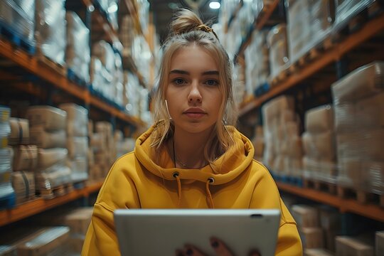 Focused Warehouse Employee with Digital Inventory. Concept Warehouse Operations, Inventory Management, Digital Systems, Employee Training, Productivity Optimization