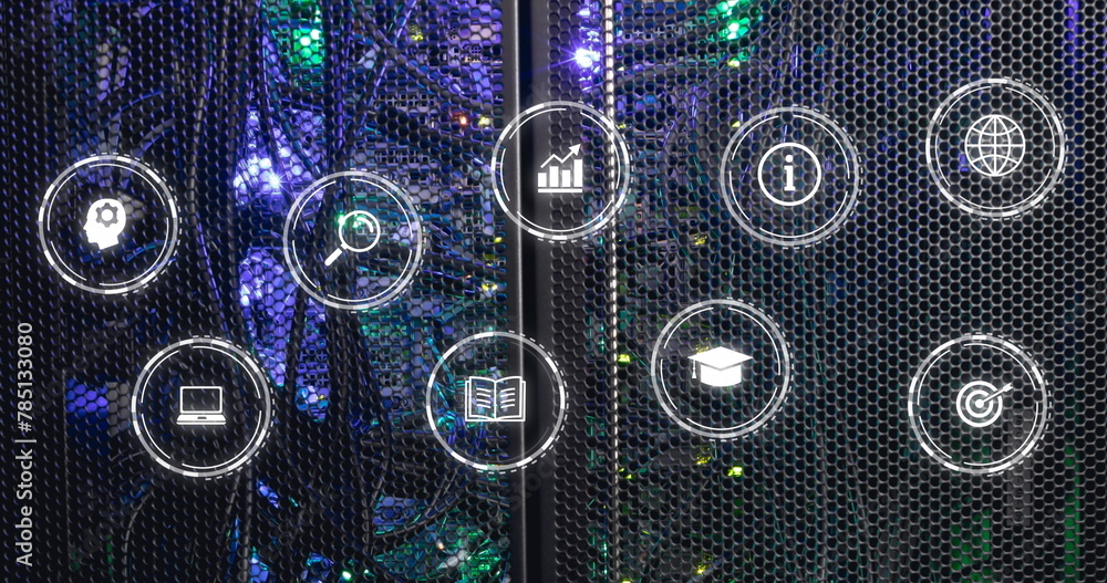 Poster image of icon in circles over illuminated server rack in server room
