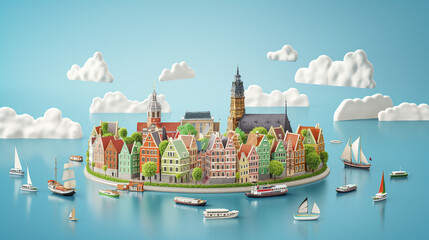 vector view of Amsterdam canal along classic old apartment with boat cruise transportation with Dutch old town and windmill of Amsterdam city, Netherland, Holland in Europe - obrazy, fototapety, plakaty